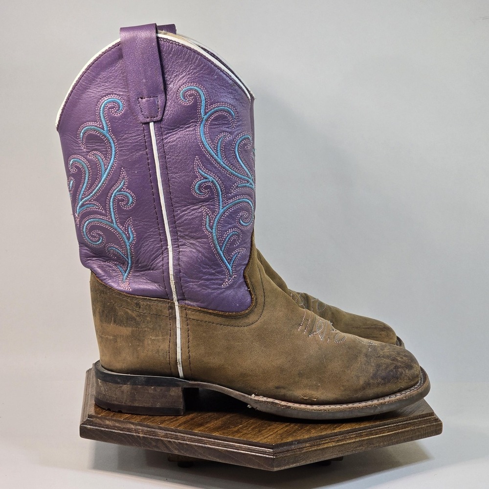 Old West Cowboy Boots Youth Size 3 D Brown Purple Leather Square Toe BSC1907